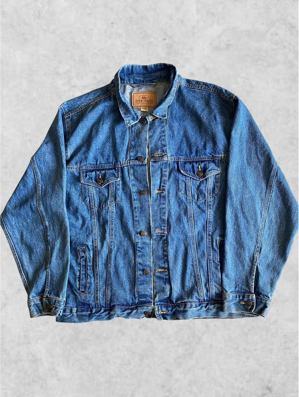 Open Trails Mens Denim Jacket XL Trucker Regular Blue Cotton Vintage 90s Stonewa